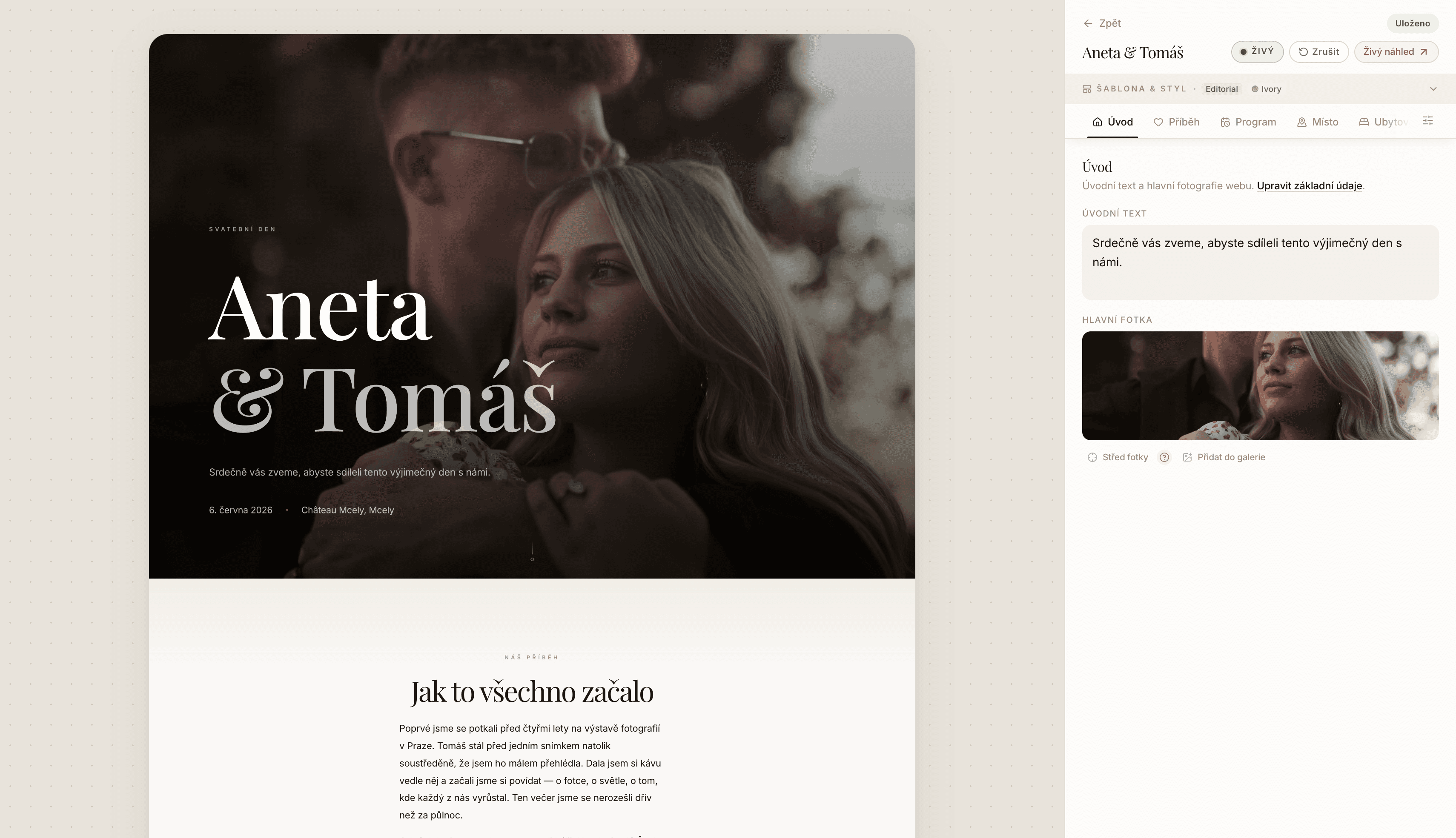 Ukázka editoru Vowly — panel sekcí vlevo, náhled webu vpravo