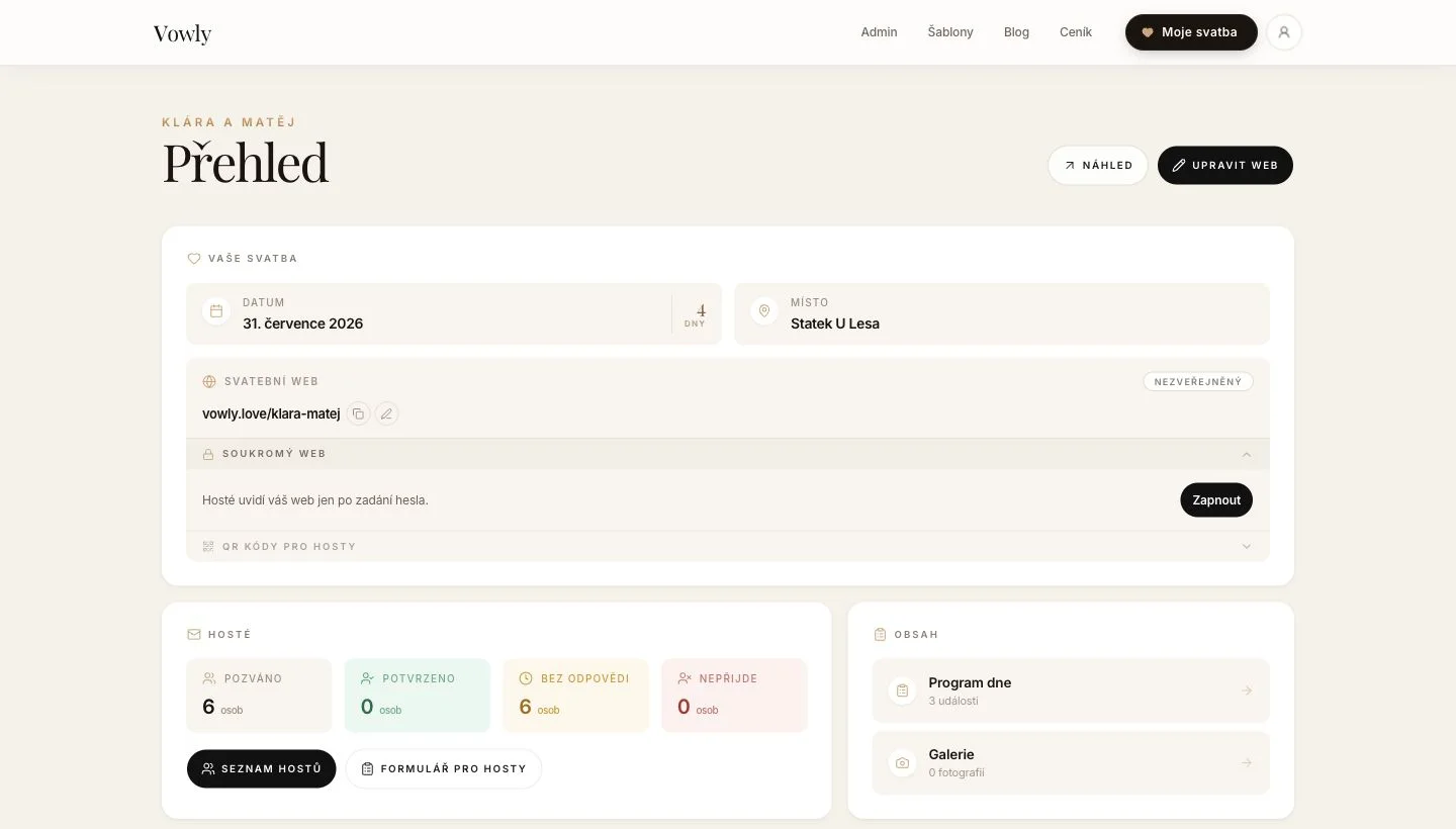 Nastavení sdíleného hesla pro soukromý svatební web ve Vowly
